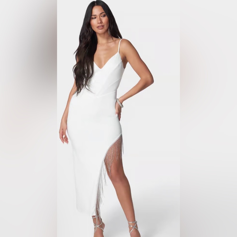 BEBE Elegant White Fringe Dress